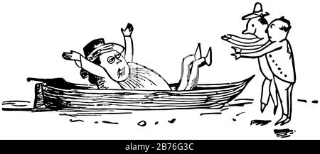 Edward Lear's Rhymes, questa scena mostra un vecchio uomo in una barca in acqua e due persone che lo guardano, linea d'epoca disegno o incisione illustrazione Illustrazione Vettoriale