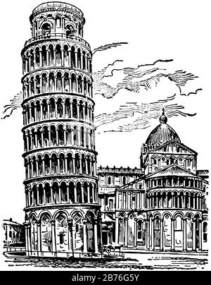 Torre Pendente di Pisa, gli edifici più notevoli, il campo Santo e il campanile, una torre cilindrica, disegno a linea d'epoca o incisione illustrat Illustrazione Vettoriale