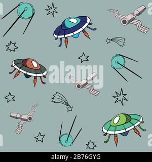 Fumetti colorati piattini volanti, UFO, satellite, comete e stelle nello spazio su uno sfondo grigio. Disegno vettoriale di colore senza cuciture. Illustrazione Vettoriale
