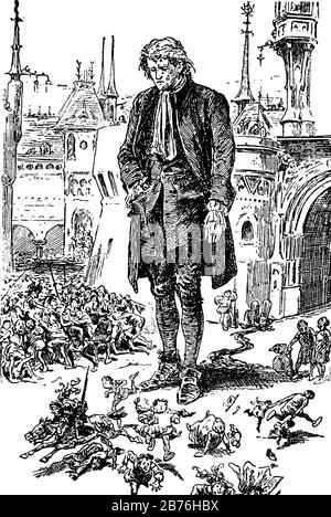 Triste gigante, questa scena mostra uomo gigante triste camminare e folla di persone piccole ai suoi piedi, la gente paura e di corsa, edifici in background, vintage Illustrazione Vettoriale