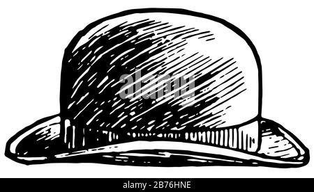 Il cappello ha un motivo Bowler, un disegno a linea vintage o un'illustrazione dell'incisione. Illustrazione Vettoriale