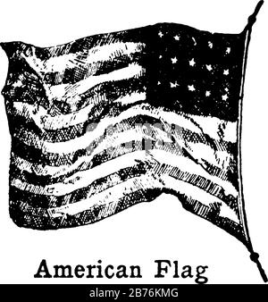 Immagine della vecchia bandiera americana su un palo della bandiera, questa bandiera ha strisce orizzontali che si alternano nero e bianco, stelle in alto a destra, linea vintage disegnare Illustrazione Vettoriale