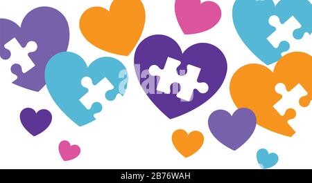 cuori con pezzi puzzle icone Illustrazione Vettoriale