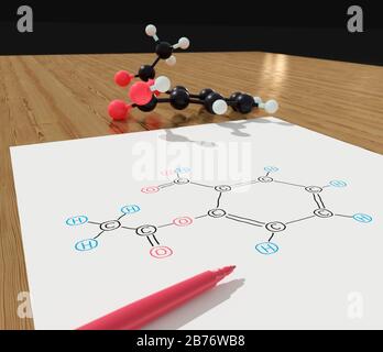 Modello e diagramma della molecola di aspirina. La molecola ha due atomi di carbonio, un ossigeno e sei atomi di idrogeno. Foto Stock