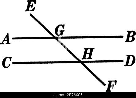 Una rappresentazione tipica della costruzione geometrica a due rette, AB e CD, tagliata da un EF trasversale, disegno o incisione a linea vintage Illustrazione Vettoriale