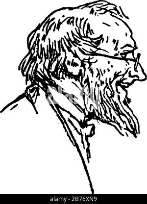 L'immagine raffigura la vista laterale del profilo di un uomo in cappotto e cravatta, con occhiali e una barba lunga, disegno a linea vintage o illustrazione dell'incisione Illustrazione Vettoriale