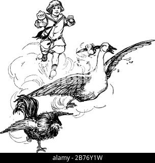 L'immagine raffigura un ragazzino che insegue un'anatra in polli, mentre tiene il sale in una delle sue mani, un disegno di linea vintage o un'illustrazione dell'incisione. Illustrazione Vettoriale