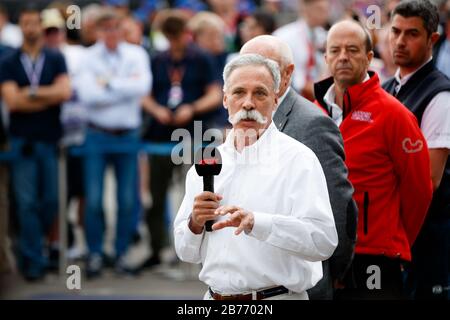 Chase Carey nel corso di una conferenza stampa a seguito della cancellazione del Gran Premio australiano di Formula uno 2020 in mezzo a Corona Virus (COVID-19) preoccupazioni. Foto Stock