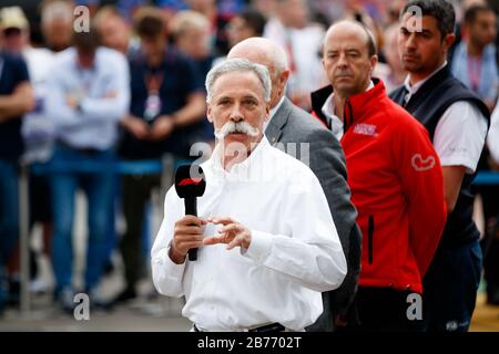 Chase Carey nel corso di una conferenza stampa a seguito della cancellazione del Gran Premio australiano di Formula uno 2020 in mezzo a Corona Virus (COVID-19) preoccupazioni. Foto Stock