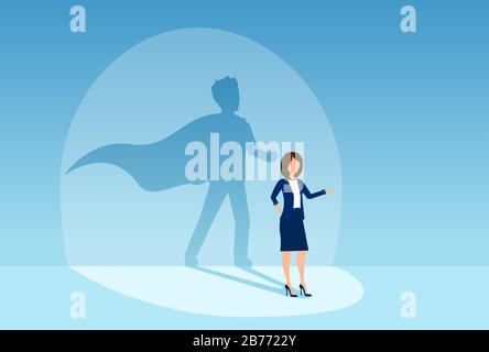 Vettore di una donna di affari fiduciosa con un'ombra super businessman Illustrazione Vettoriale
