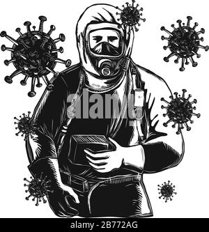 Stile Scratchboard illustrazione di un EMT,emergenza tecnico medico, pompiere, personale paramedico, ricercatore, Lavoratore che indossa Hazmat Suit fatto su raschiare Illustrazione Vettoriale