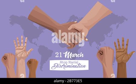 stop razzismo international day poster con le mani e il pianeta terra Illustrazione Vettoriale