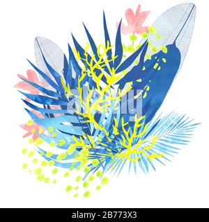 isolato su bianco astratto collage acquerello di piante tropicali con coralli e puntini gialli Foto Stock