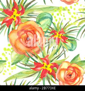 modello senza cuciture di piante tropicali acquerello con fiori in fiore puntini e fogliame su sfondo bianco Foto Stock