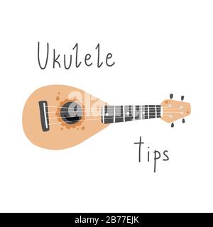 Carino kumon ukulele per poster estivo, carta di design con testo scritta Ukulele Suggerimenti. Piccola chitarra, strumento di musica d'archi in stile hawaii. Illusione vettoriale di semplice stile disegnato a mano. Illustrazione Vettoriale