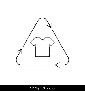 Simbolo triangolare degli indumenti riciclati. Icona T-shirt in un triangolo. Riciclare icona lineare, logo, segno per l'industria tessile sostenibile. Consumismo etico Illustrazione Vettoriale