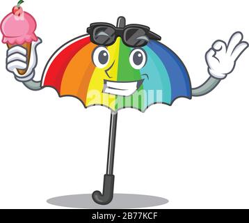 personaggio cartoon di ombrello arcobaleno in possesso di un gelato Illustrazione Vettoriale