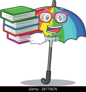Uno studente diligente in ombrello rainbow mascotte design con libro Illustrazione Vettoriale