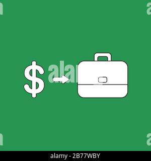 Immagine vettoriale icona concetto di simbolo del dollaro con valigetta. Contorni neri, sfondo verde. Illustrazione Vettoriale