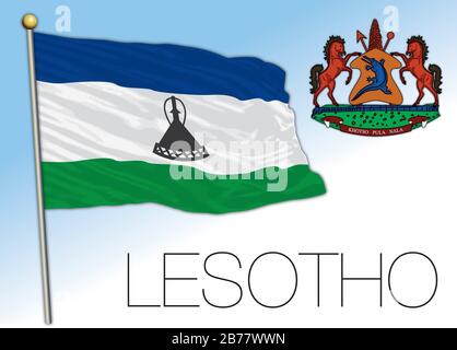 Bandiera nazionale e stemma ufficiale del Lesotho, paese africano, illustrazione vettoriale Illustrazione Vettoriale