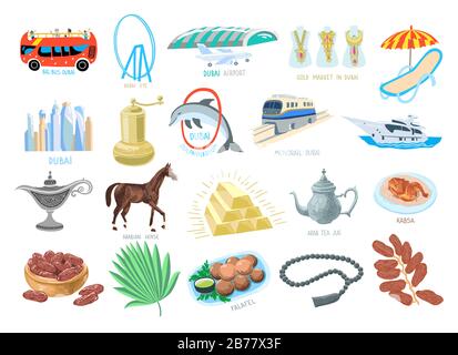 Set di 20 icone disegno a mano da Dubai, Emirati Arabi Uniti Illustrazione Vettoriale