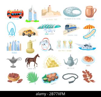 Set di 20 icone disegno a mano da Dubai, Emirati Arabi Uniti Illustrazione Vettoriale