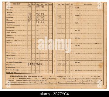 Una vecchia scheda di relazione d'epoca del 1916 con l'avanzamento dello studente attraverso vari periodi programmati. Si tratta di una scansione ad alta risoluzione che mostra tutte le Foto Stock