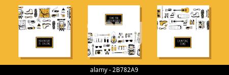 Set di modelli di carte vettoriali per campeggio, turismo, design di viaggio. Simboli escursionistici tradizionali. Zaino, stivali, bussola, mappa, lampada da tempesta. Moderno Illustrazione Vettoriale