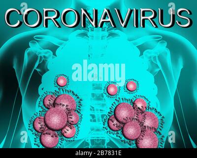 Illustrazione dei polmoni infettati con coronavirus. Molecole di Covid-19 depositate sui polmoni. Sfondo blu e iscrizione coronavirus. Foto Stock