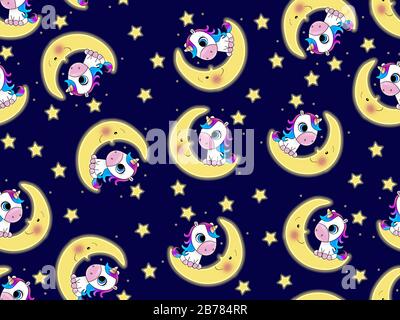 Modello senza cuciture con tema per bambini per una buona notte. Unicorni sulla luna circondati da stelle su sfondo blu. Adatto per la stampa su carta o Foto Stock