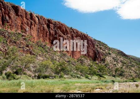 Alice Springs Australia, vista lungo la zona umida del fiume Finke a Glen Helen Gorge nelle West MacDonnell Ranges Foto Stock