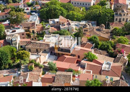 Vista di Atene dall'Acropoli. Luoghi famosi di Atene - capitale della Grecia. Monumenti antichi. Foto Stock