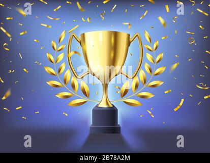 Coppa d'oro realistica. Festa dei vincitori con confetti volanti, coppa d'oro lucida e premio sportivo con corona d'alloro 3d illustrazione vettoriale Illustrazione Vettoriale