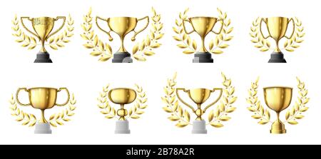 Coppe trofei d'oro. Trofeo dei vincitori d'oro con corona d'alloro, set di illustrazioni vettoriali realistiche della coppa campione Illustrazione Vettoriale