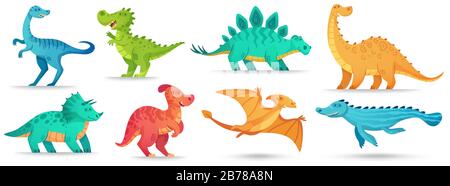 Cartone animato dino. Carino dinosauro, divertente antico brontosauro e verde triceratops. Set di illustrazioni vettoriali per dinosauri comici Illustrazione Vettoriale