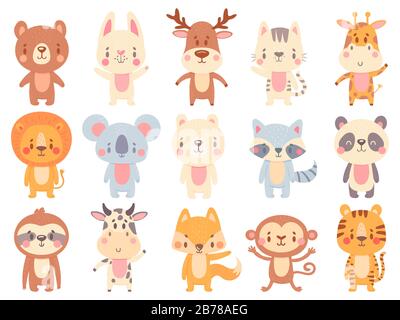 Simpatici animali da cartoni animati. Giraffa ondeggiante, divertente mucca da fattoria e felice mascotte orso. Jungle zoo animali e sorridenti baby animali set di illustrazione vettoriale Illustrazione Vettoriale
