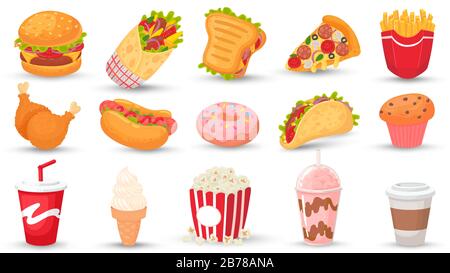 Cartoon fast food. Hamburger, gustoso sandwich e hot dog. Bevanda analcolica, frullato e caffè. Set di illustrazioni vettoriali per alimenti per la strada Illustrazione Vettoriale