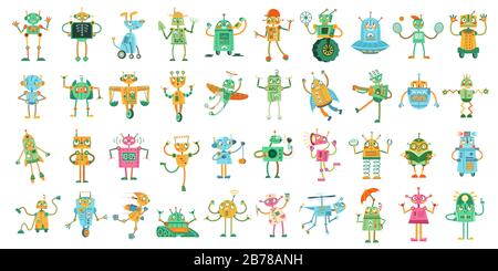 Robot cartoon. Carino robot giocattolo per bambini, robotica scienza e giocattoli robotici meccanici set di illustrazione vettoriale Illustrazione Vettoriale