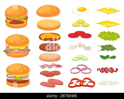 Ingredienti hamburger cartoon. Hamburger, panino tritare e pomodoro. Prosciutto, sottaceti freschi e fette di formaggio. Set di illustrazioni vettoriali per costruttori di alimenti veloci Illustrazione Vettoriale