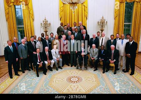 Pranzo George W Bush con i membri della Baseball Hall of Fame. Foto Stock