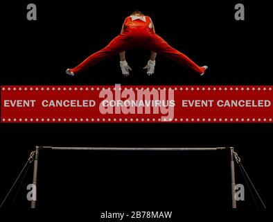 avvertenza evento nastro annullato coronavirus in background ginnastica esecuzione su barra orizzontale ginnastica Foto Stock