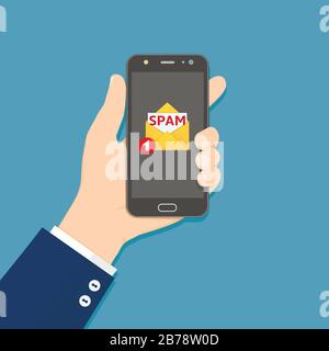 Tenere a portata di mano lo smartphone con e-mail spam sullo schermo. Concetto di notifica e-mail spam nel telefono cellulare. Illustrazione vettoriale in stile piatto. Illustrazione Vettoriale
