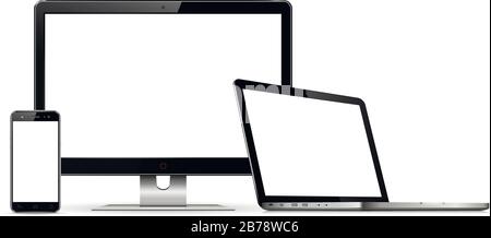 Sul monitor di un computer, laptop e telefono cellulare con schermo vuoto Illustrazione Vettoriale