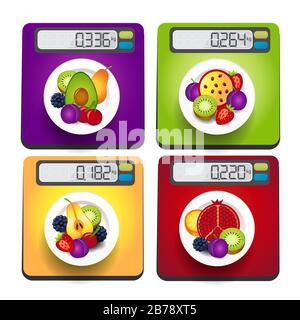 set di icone con bilance elettroniche e piatti da frutta. Scale da cucina, isolate su sfondo bianco, illustrazione vettoriale Illustrazione Vettoriale