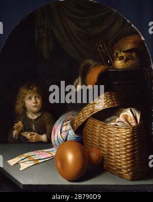 Gerard Dou - Still Life con un Boy Che Soffia Le Bolle Di Sapone Foto Stock