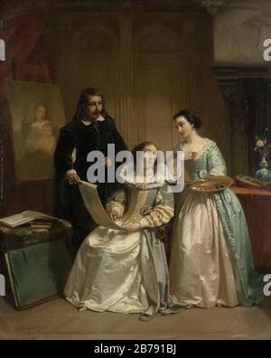 Gerard van Honthorst toont aan Amalia van Solms de tekeningen van zijn leerlinge Louise van Bohemen Foto Stock