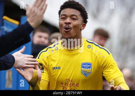 Canvey, Regno Unito. 14 Marzo 2020. Decarrey Sheriff di Concord Rangers celebra il suo obiettivo durante il Vanarama National League South Match tra Concord Rangers e Tonbridge Angels a Thames Road, Canvey Island, il 14 marzo 2020. Credit: Azione Foto Sport/Alamy Live News Foto Stock
