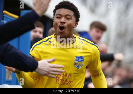 Canvey, Regno Unito. 14 Marzo 2020. Decarrey Sheriff di Concord Rangers celebra il suo obiettivo durante il Vanarama National League South Match tra Concord Rangers e Tonbridge Angels a Thames Road, Canvey Island, il 14 marzo 2020. Credit: Azione Foto Sport/Alamy Live News Foto Stock