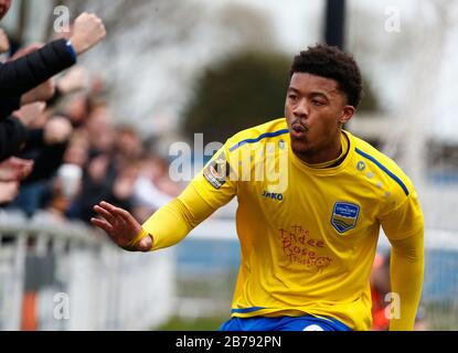 Canvey, Regno Unito. 14 Marzo 2020. Decarrey Sheriff di Concord Rangers celebra il suo obiettivo durante il Vanarama National League South Match tra Concord Rangers e Tonbridge Angels a Thames Road, Canvey Island, il 14 marzo 2020. Credit: Azione Foto Sport/Alamy Live News Foto Stock