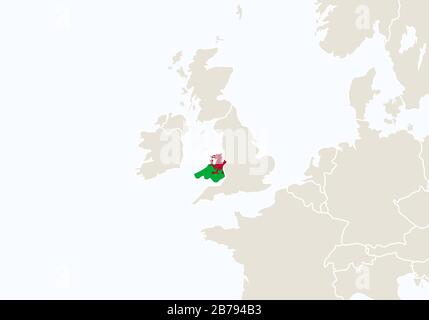 Europa con mappa del Galles evidenziata. Illustrazione Vettoriale. Illustrazione Vettoriale